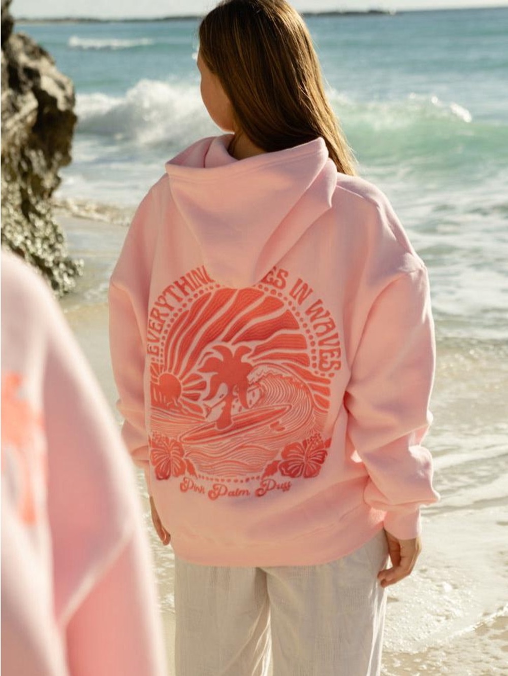 Pink Palm Puff Women’s “Everything Comes in Waves” Pullover Hoodie in Pink S